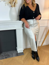 Jupe longue argentée femme grande taille Jupe longue moulante  Taille haute Coupe droite Poche à l'avant et à l'arrière Fermeture éclair et bouton Fente sur le devant  Couleur: gris Composition : 65% Polyester, 35% PU Made in P.R.C