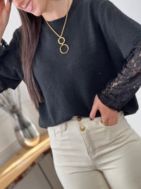 Pull noir manches dentelle : Mael