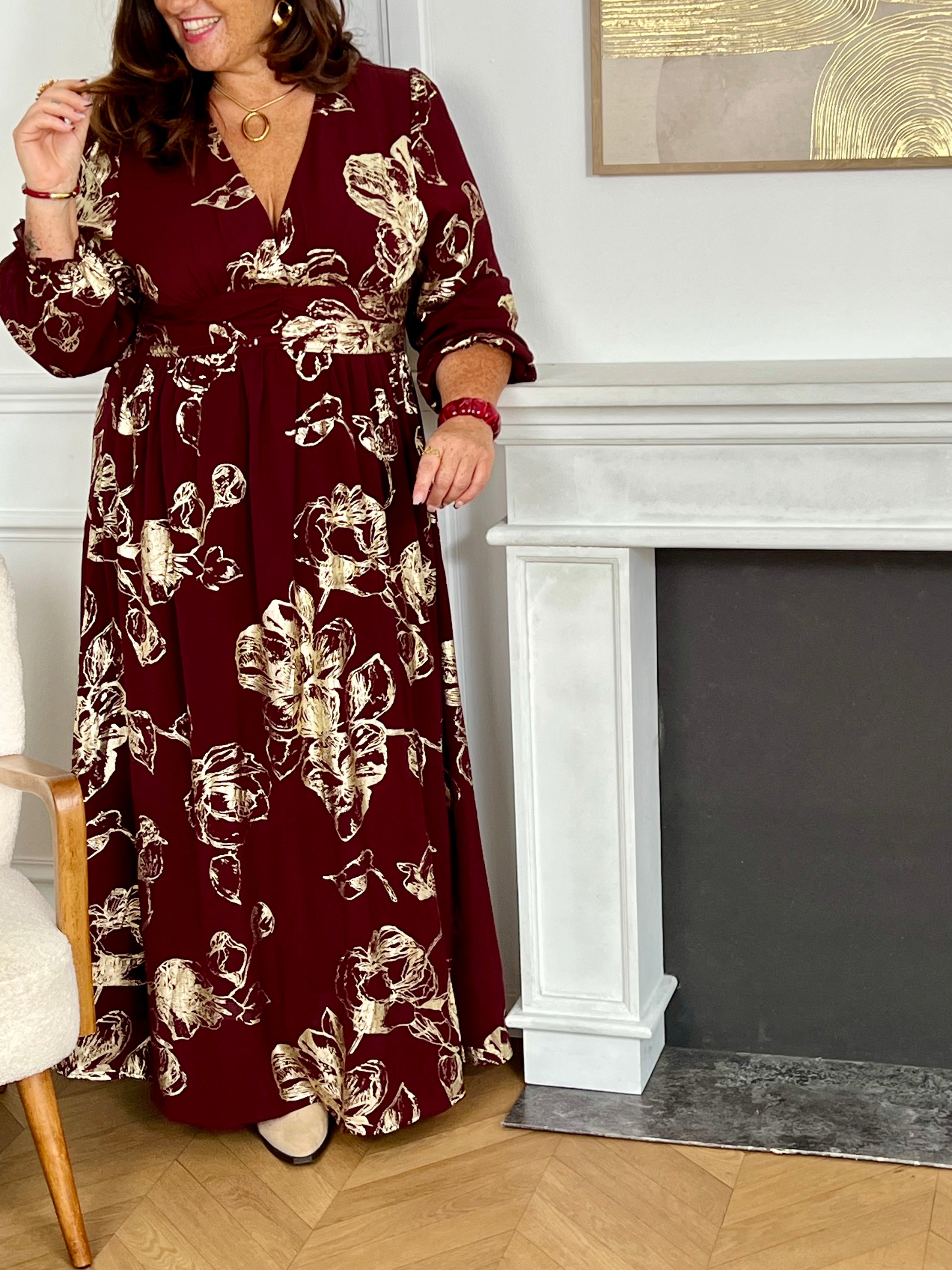 Robe longue bordeaux à détails dorés Curve : Eloise