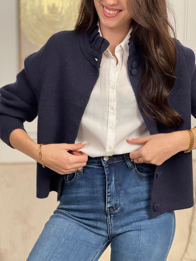 Découvrez le Gilet Lilou, une pièce incontournable pour votre garde-robe. Confectionné en bleu élégant, ce gilet arbore des manches longues avec poignets légèrement resserrés pour un ajustement flatteur.