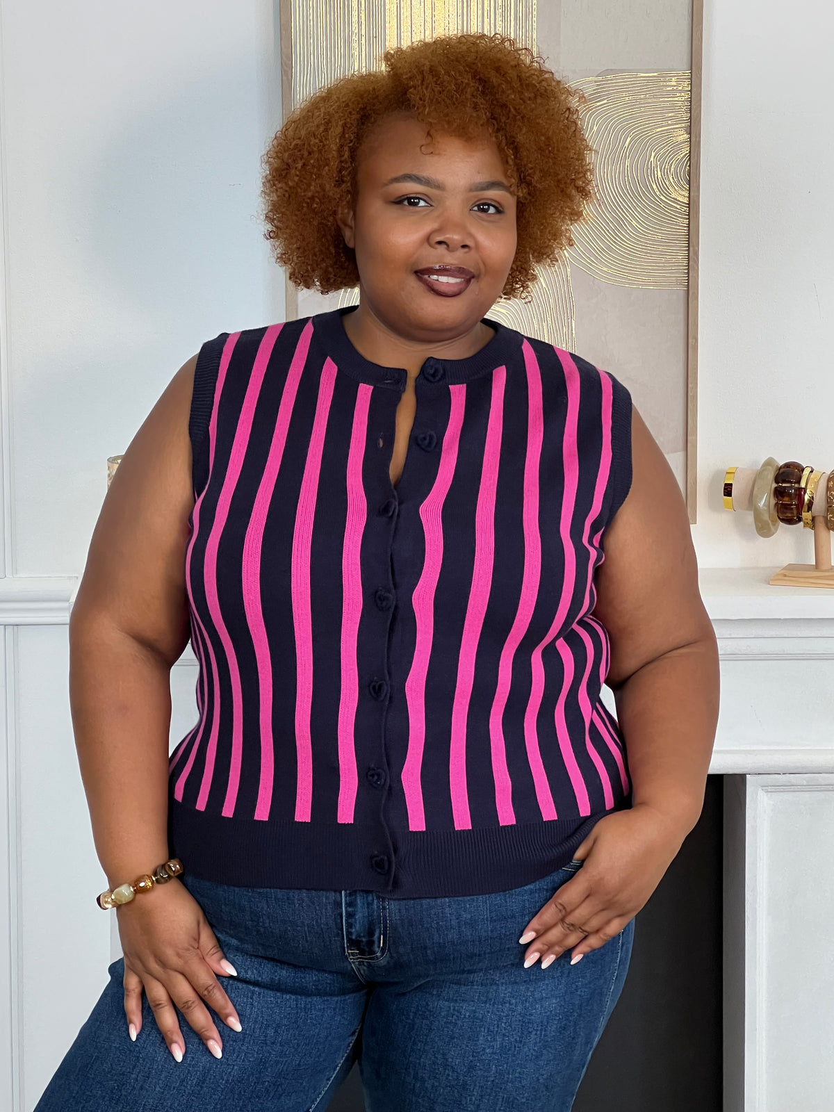 Gilet bleu et rose grande taille : Ambre