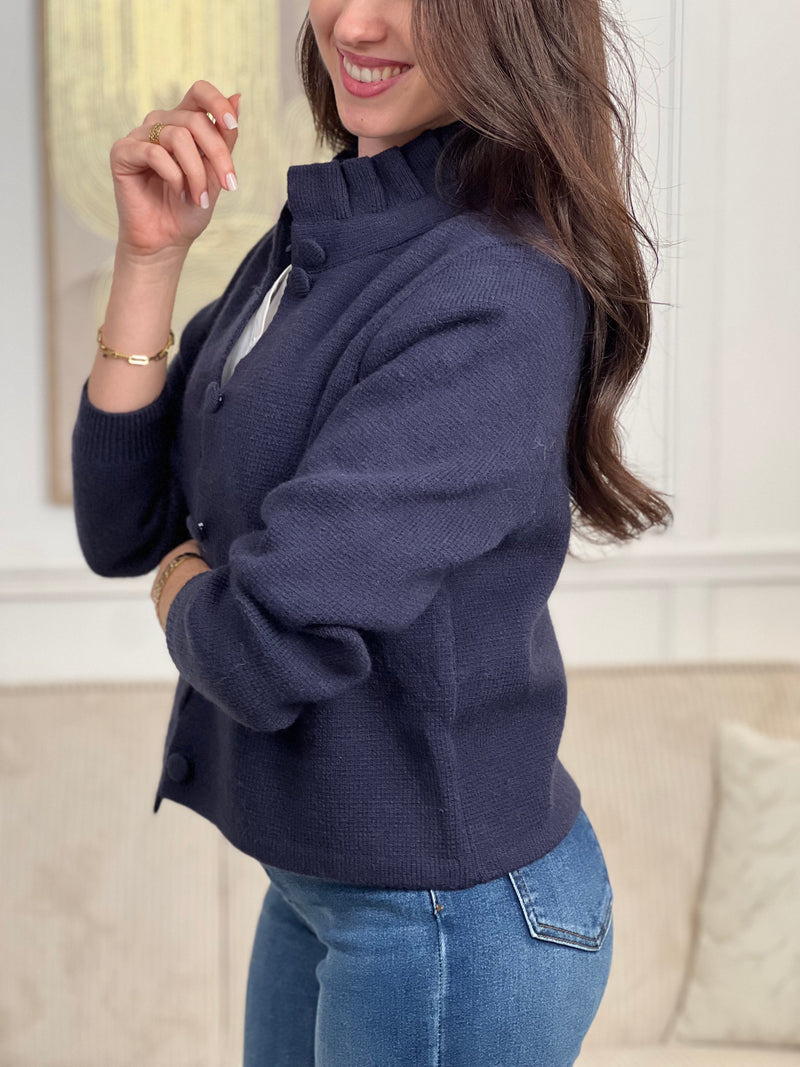 Découvrez le Gilet Lilou, une pièce incontournable pour votre garde-robe. Confectionné en bleu élégant, ce gilet arbore des manches longues avec poignets légèrement resserrés pour un ajustement flatteur.