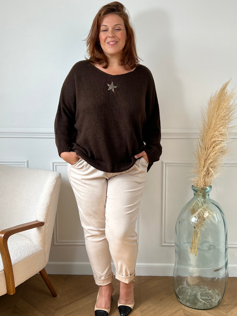Ce pull grande taille marron Adea allie élégance et confort. Orné d’une étoile délicatement mise en valeur par des strass sur le devant, il apporte une touche lumineuse à votre tenue.