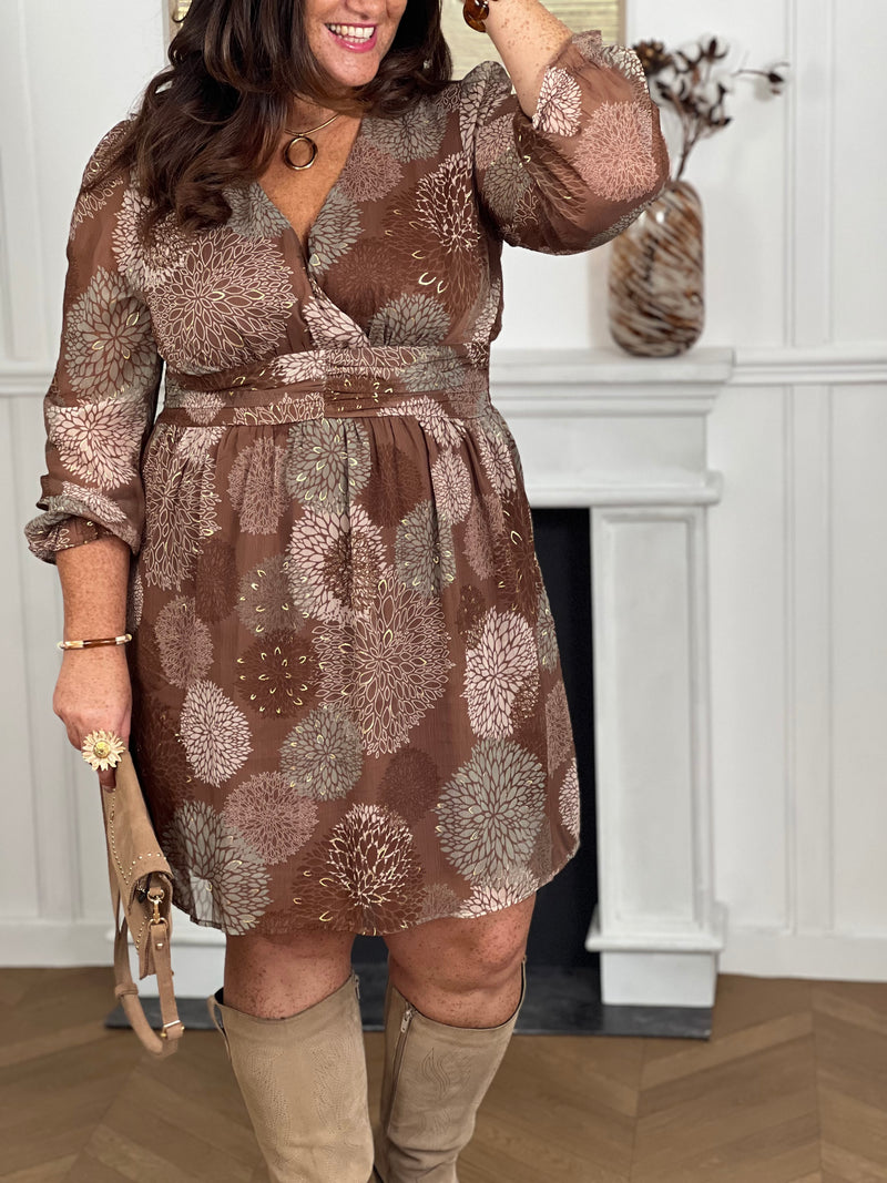 Robe courte à motifs avec manches longues et col en V. Élastiques au dos et aux poignets pour un confort optimal. Doublée sauf aux manches. Couleurs chaudes marron, doré et kaki pour un style élégant et facile à porter.