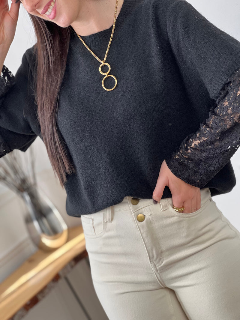 Pull noir manches dentelle : Mael
