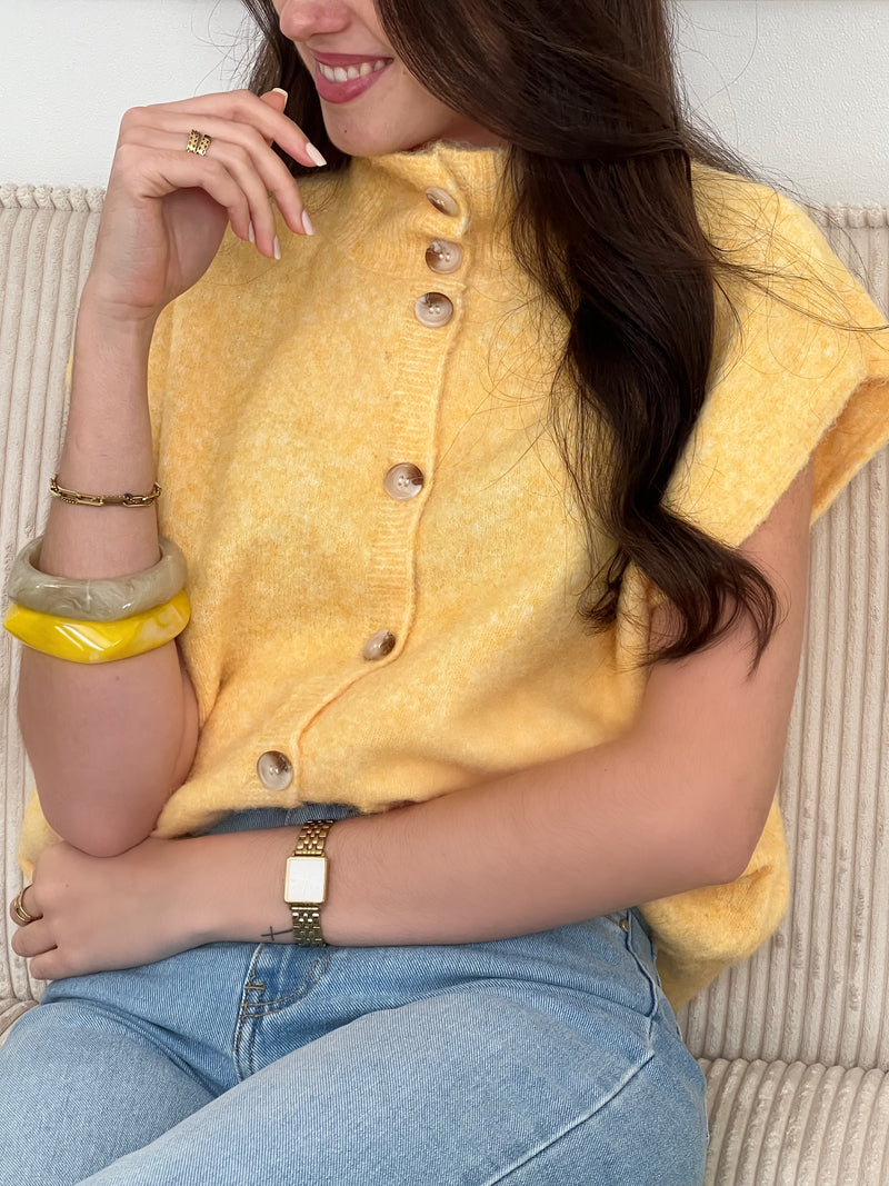 Chic et pratique, ce gilet sans manches jaune séduit par son col montant et ses deux poches avant. Une pièce dynamique et moderne, parfaite pour apporter une touche de couleur à ton look.