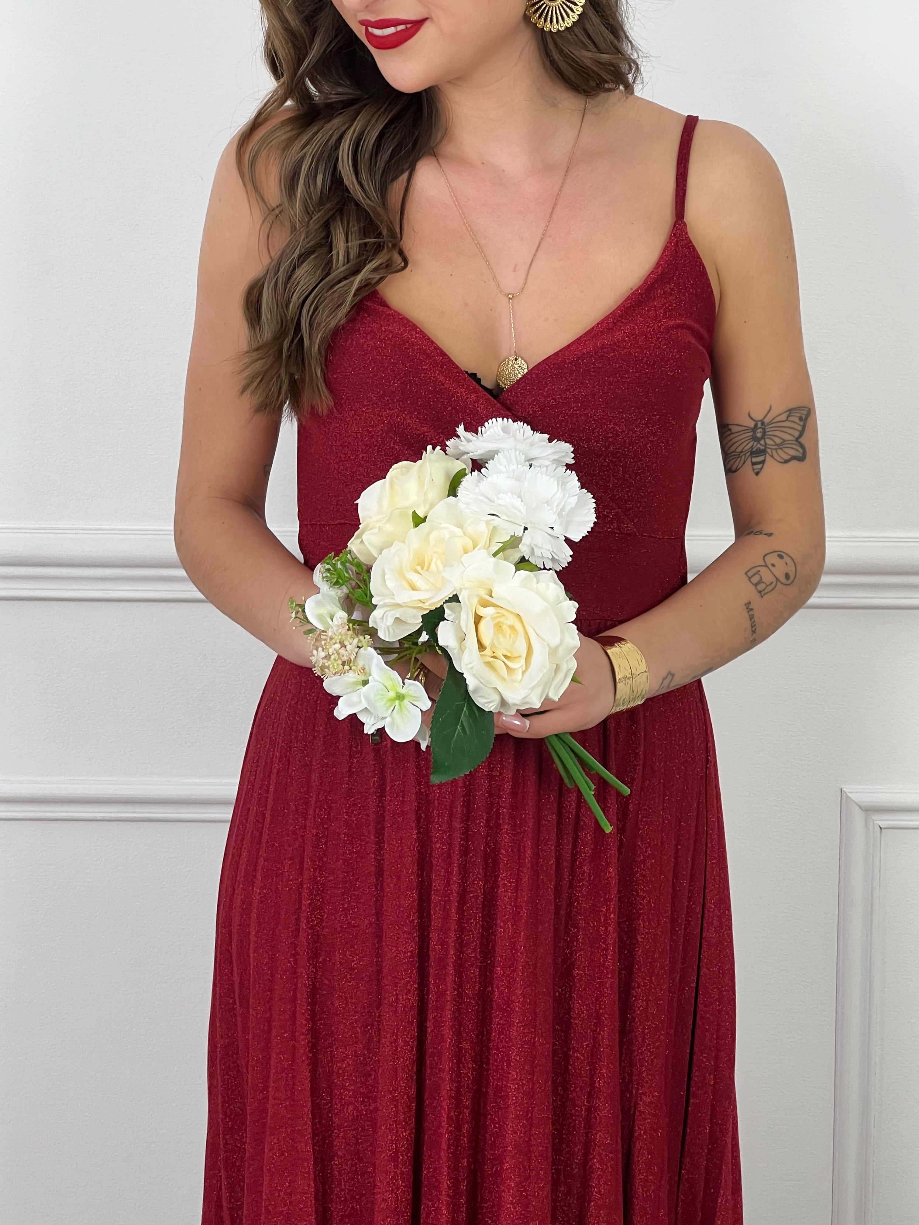 Robe longue bordeaux à paillettes et plissée femme – Loïcia