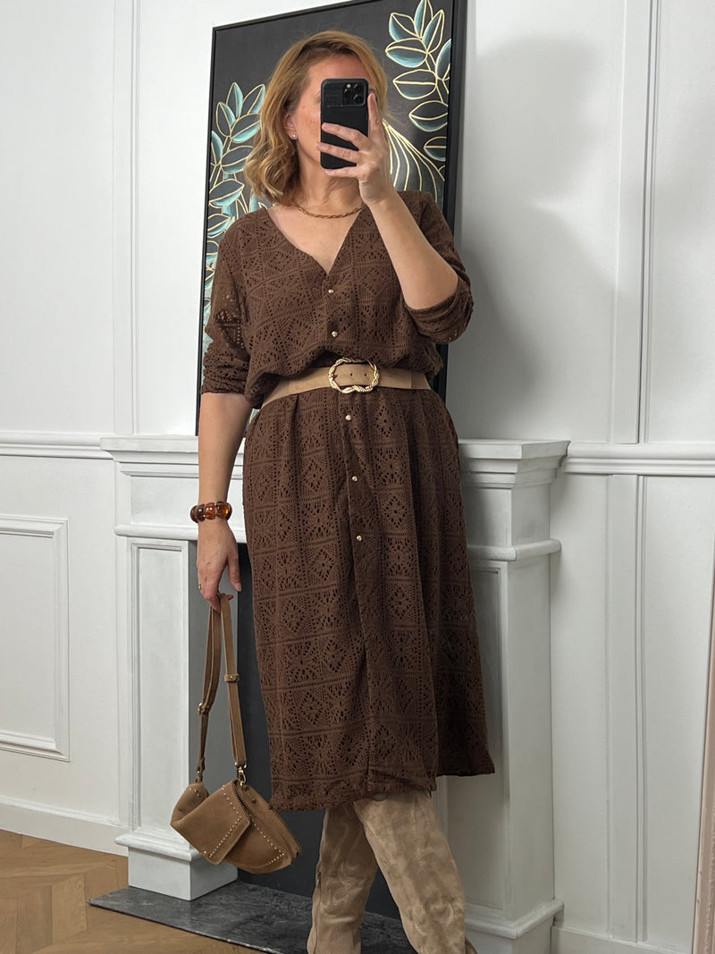 Robe longue marron en broderie : Venus