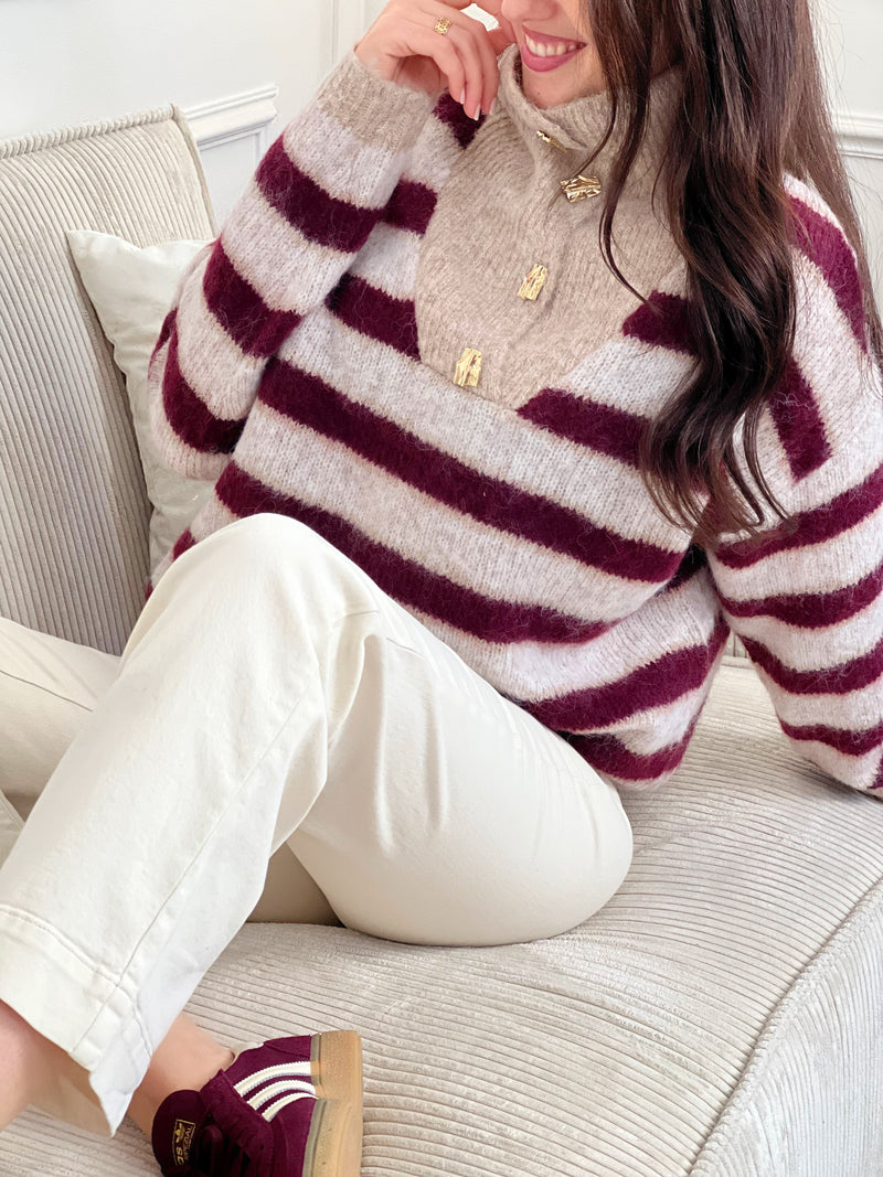 Pull rayé beige et bordeaux : Balya