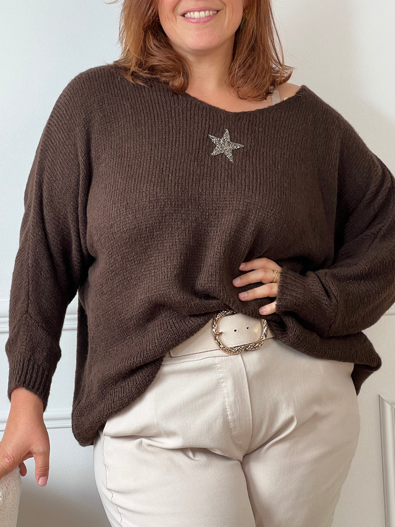 Ce pull grande taille marron Adea allie élégance et confort. Orné d’une étoile délicatement mise en valeur par des strass sur le devant, il apporte une touche lumineuse à votre tenue.