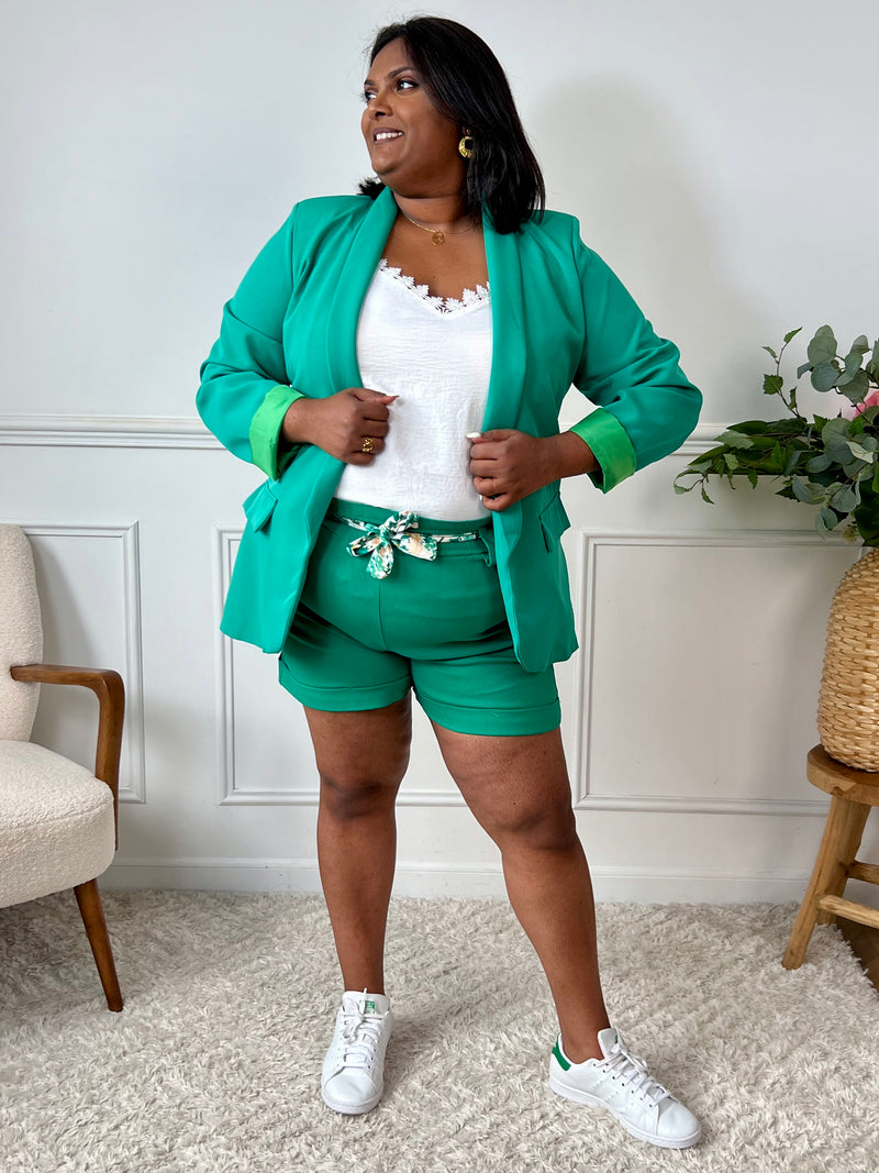 Ce blazer grande taille à la coupe élégante sublime la silhouette avec sa couleur verte éclatante. Doté de manches longues, d’épaulettes structurantes et de deux poches factices sur le devant, il apporte une touche chic à toutes vos tenues. Entièrement doublé, il assure confort et maintien tout au long de la journée.