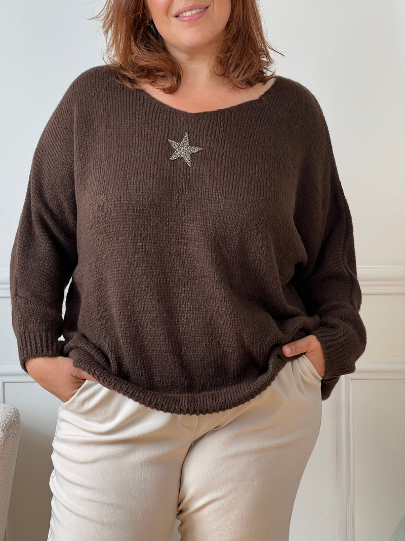Ce pull grande taille marron Adea allie élégance et confort. Orné d’une étoile délicatement mise en valeur par des strass sur le devant, il apporte une touche lumineuse à votre tenue.