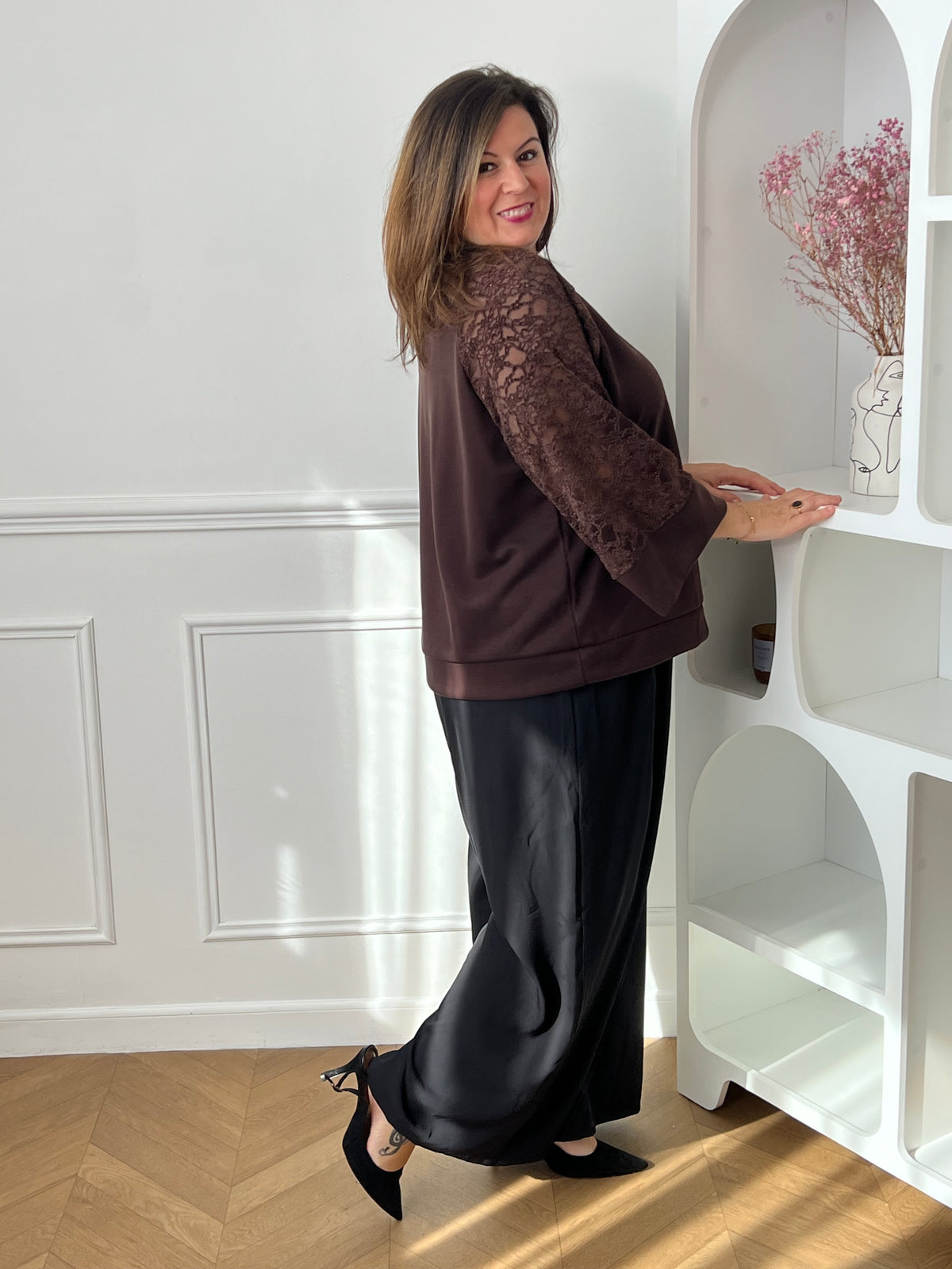 Pull marron avec dentelle grande taille : Alec