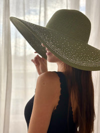 Chapeau effet paille capeline à strass kaki : Playa