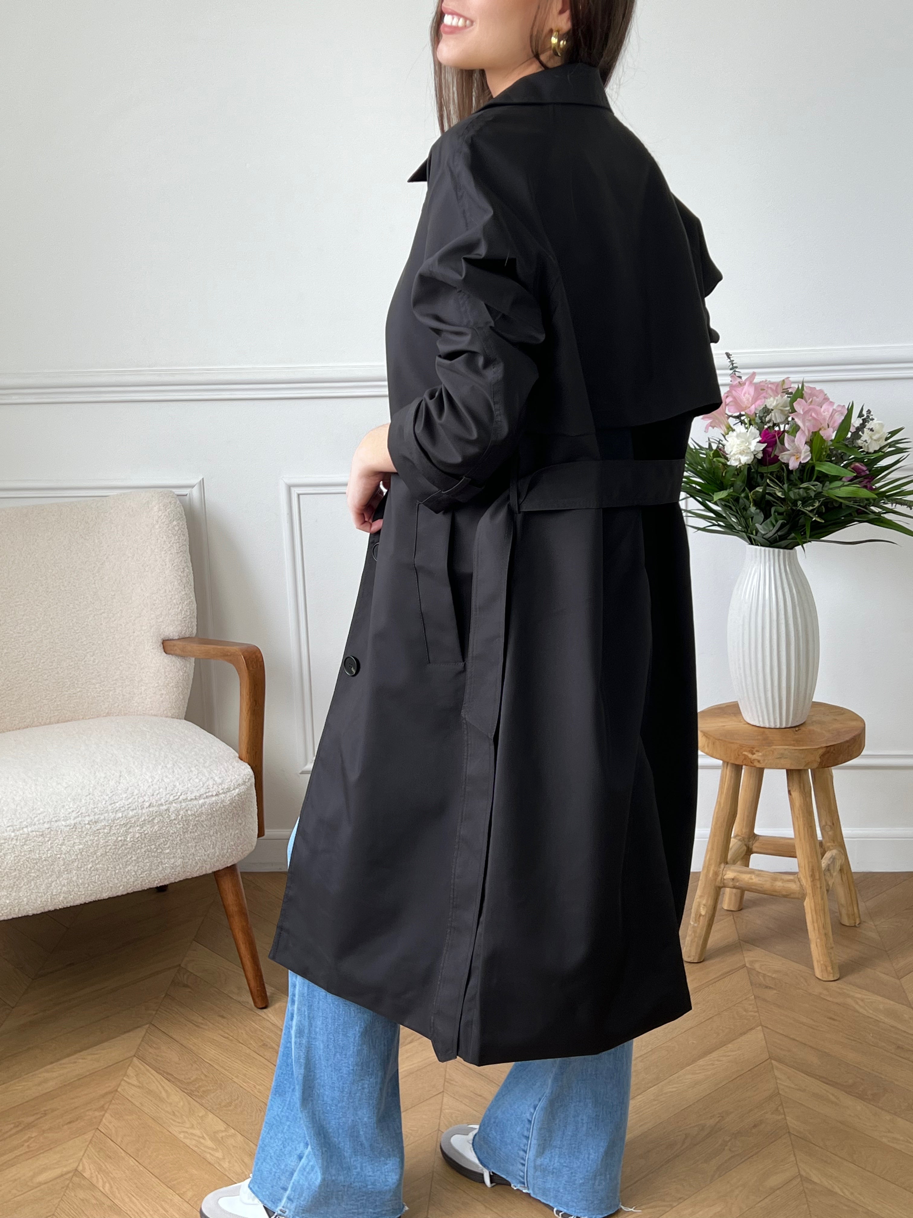 Trench noir manches longues avec ceinture amovible femme Loicia