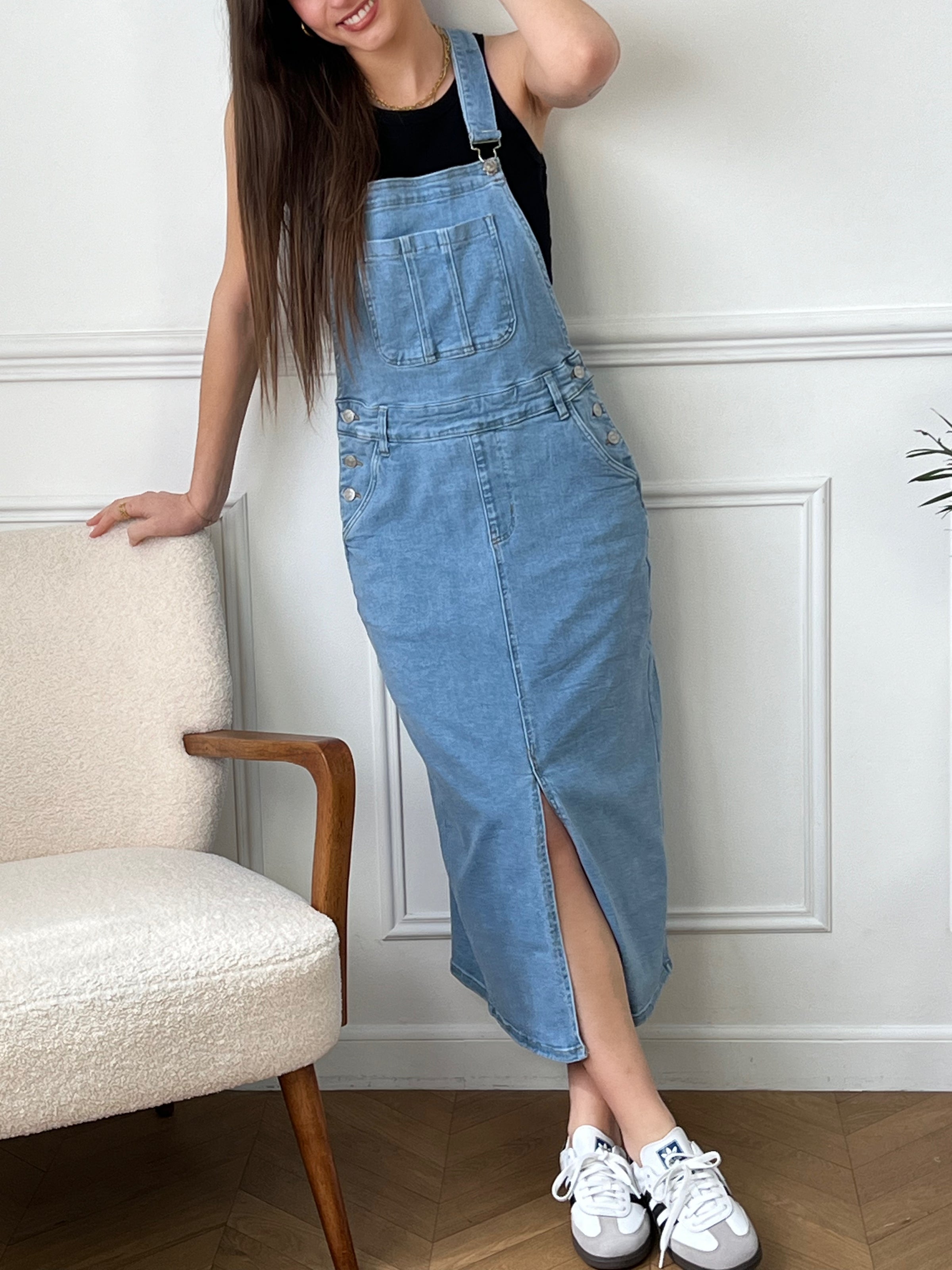 denim salopette dress ANORA - Plain Shirt / Button-Up Denim Midi Overall Dress