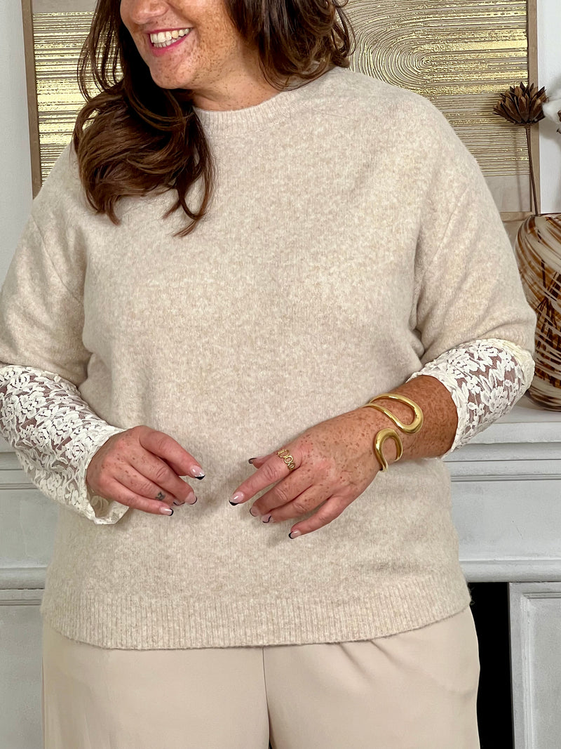 Un essentiel twisté avec élégance. Ce pull beige à manches longues en dentelle mêle douceur et transparence pour un style à la fois simple et raffiné.