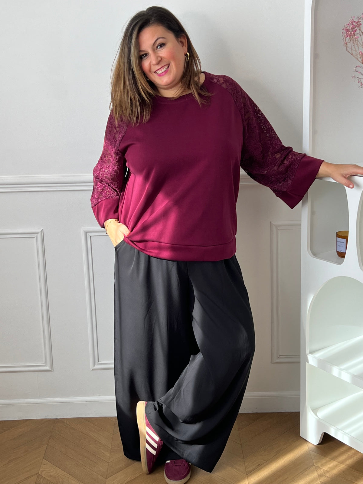 Pull bordeaux avec dentelle grande taille : Alec