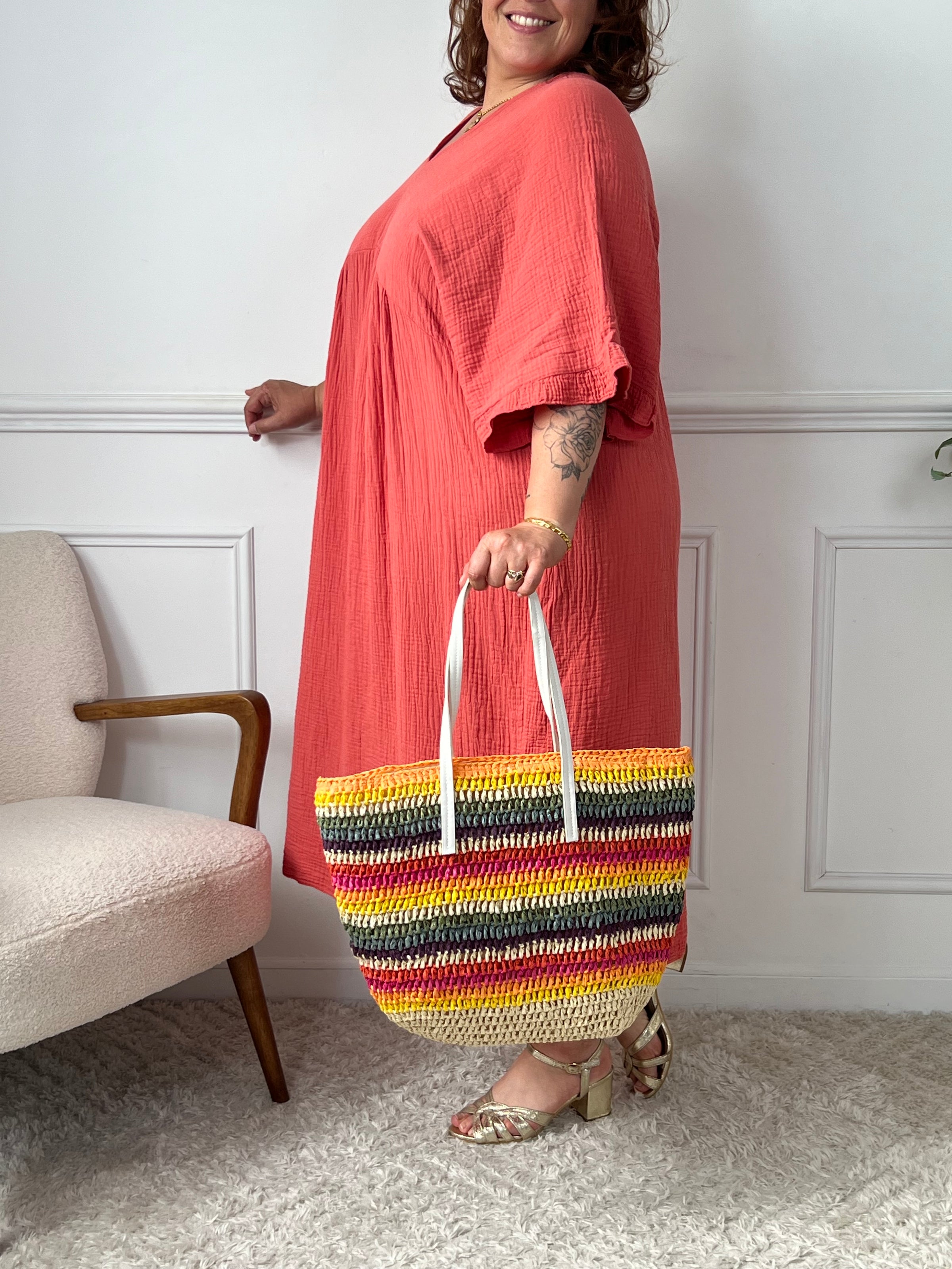 Langes Kleid aus Baumwollgaze in Terrakotta: Roane