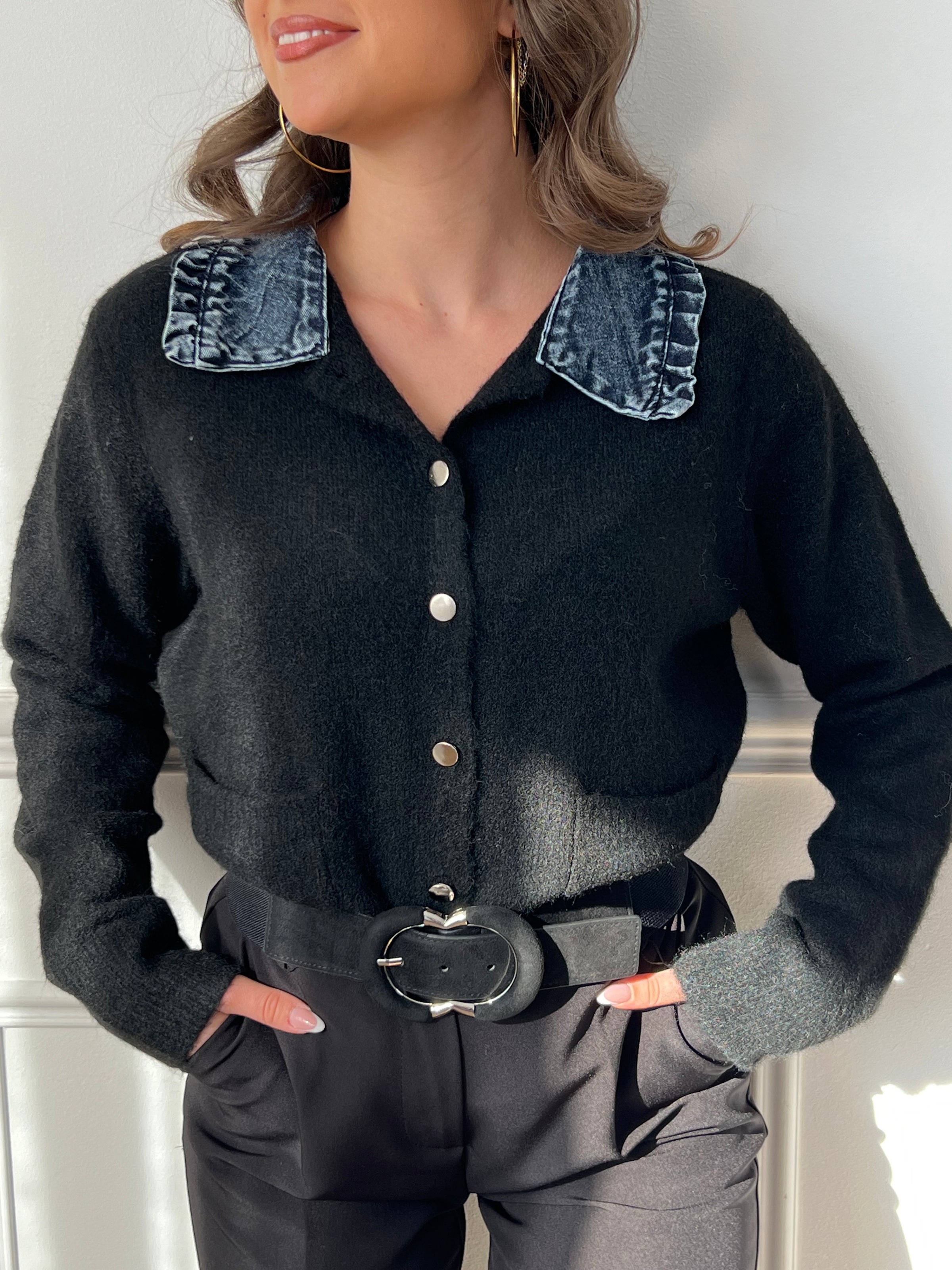 Gilet noir col chemise en jean femme – Loïcia