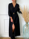 Robe noire femme Robe longue Manches longues Col V 2 poches sur le devant Ceinture amovible Elastique à la taille Couleur : noir Composition : 100% Polyester Made in P.R.C