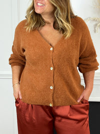 Gilet camel grande taille femme Gilet manches longues Col V Boutons sur la longueur Couleur : camel Composition : 35% Acrylique, 35% Nylon, 30% bébé Alpaga Made in Italie