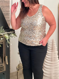 Le top Charlize en beige sublime votre silhouette avec ses sequins dorés scintillants. Sans manches et col rond, ce top grande taille offre élégance et confort grâce à sa doublure intérieure. Une pièce intemporelle pour briller en toute confiance.