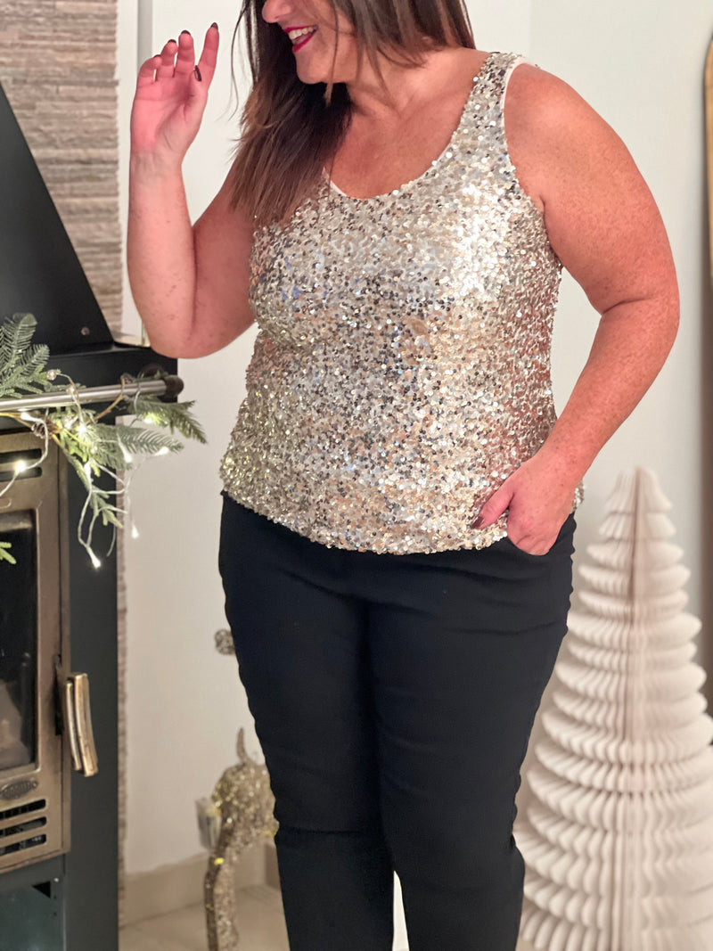 Le top Charlize en beige sublime votre silhouette avec ses sequins dorés scintillants. Sans manches et col rond, ce top grande taille offre élégance et confort grâce à sa doublure intérieure. Une pièce intemporelle pour briller en toute confiance.