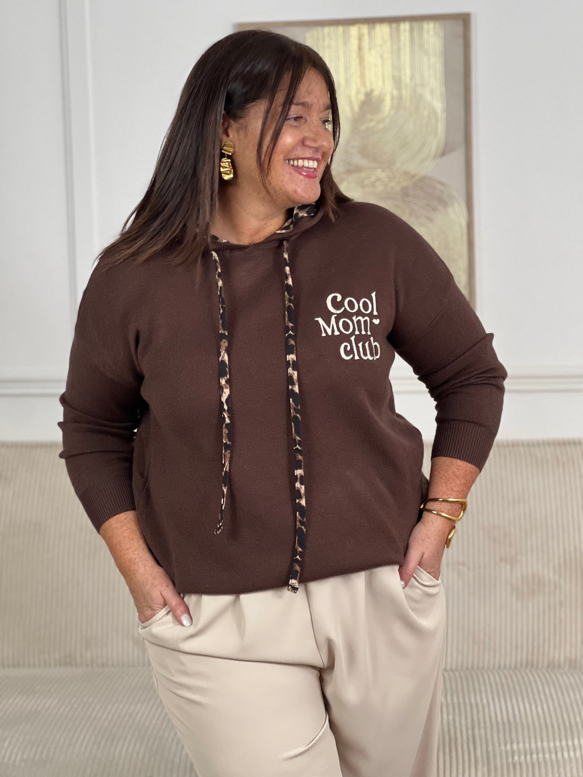 Pull marron a capuche grande taille : Naelya