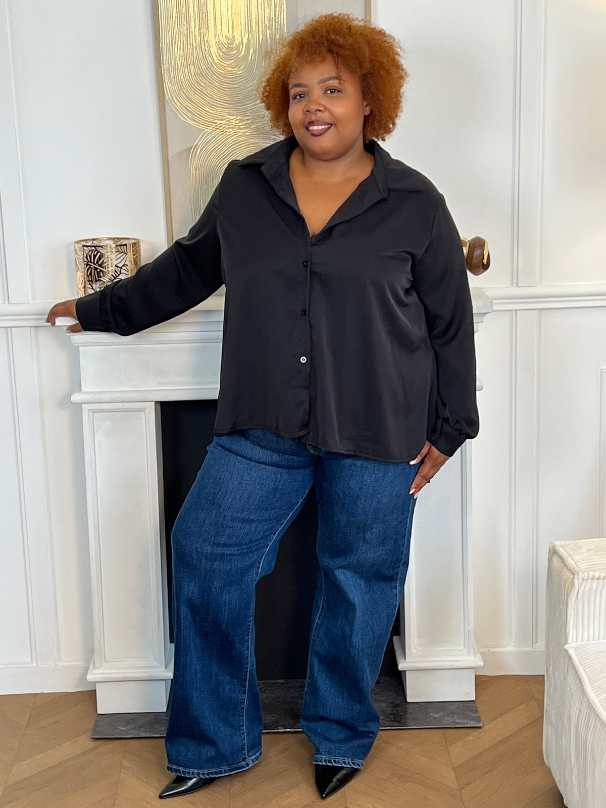 Chemise noire plissée grande taille : Aziel