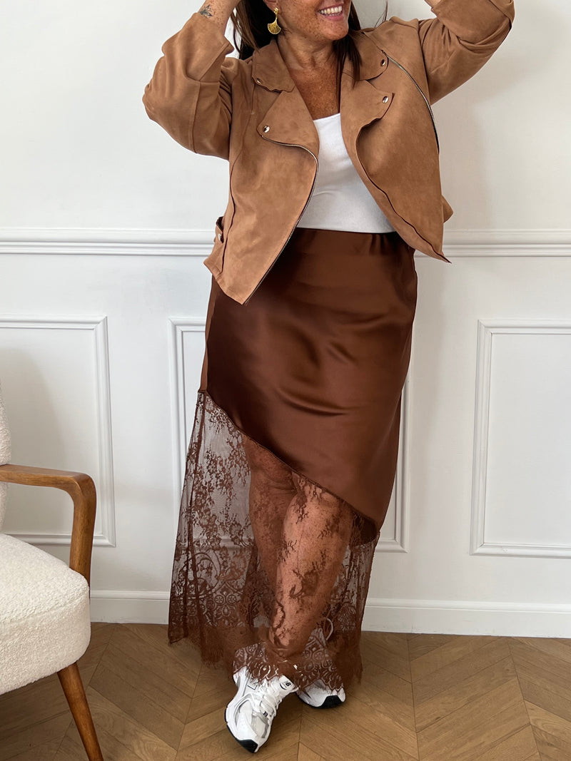 Jupe longue dentelle marron grande taille : Kessy