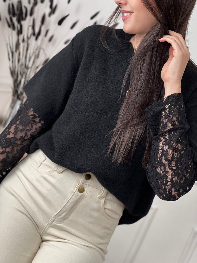 Pull noir manches dentelle : Mael