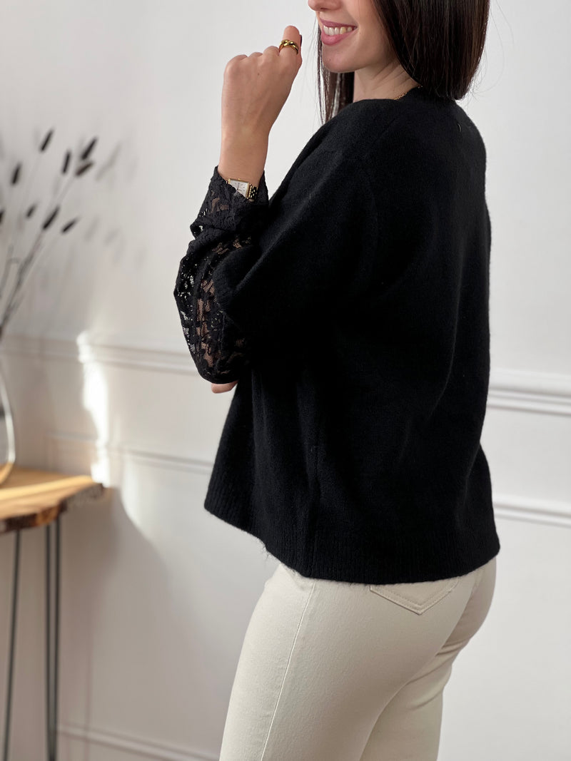 Pull noir manches dentelle : Mael