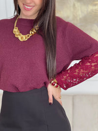 Pull bordeaux manches dentelle : Mael