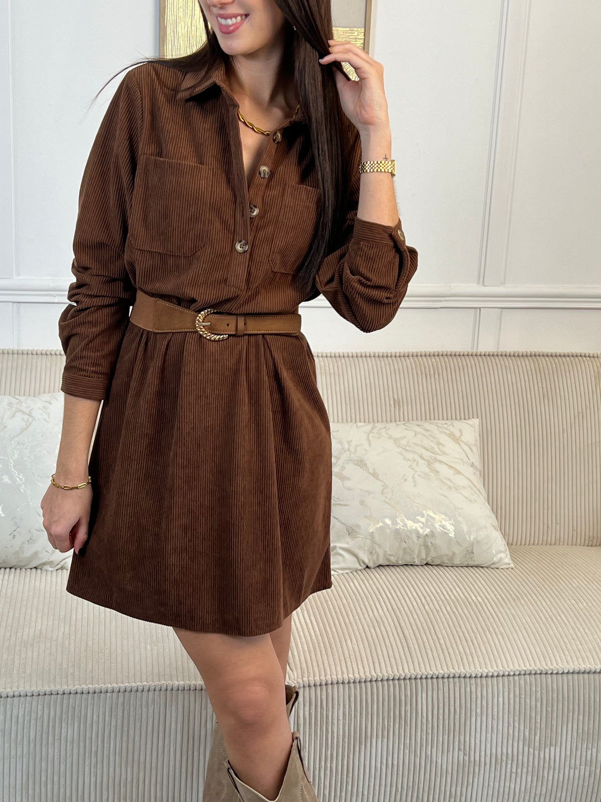 Robe velours courte marron : Cora
