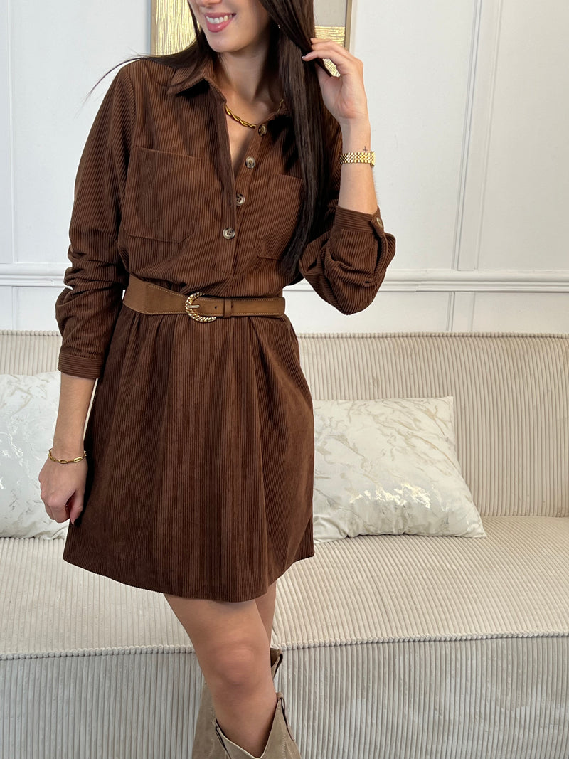 Robe velours courte marron : Cora