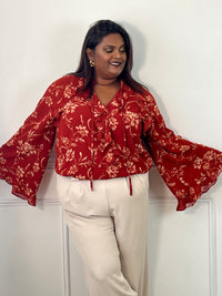 Blouse orange et beige à volants grande taille femme – Elyne | Loïcia