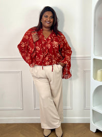 Dos de la blouse orange grande taille Elyne – Manches longues évasées et volants, Made in P.R.C | Loïcia