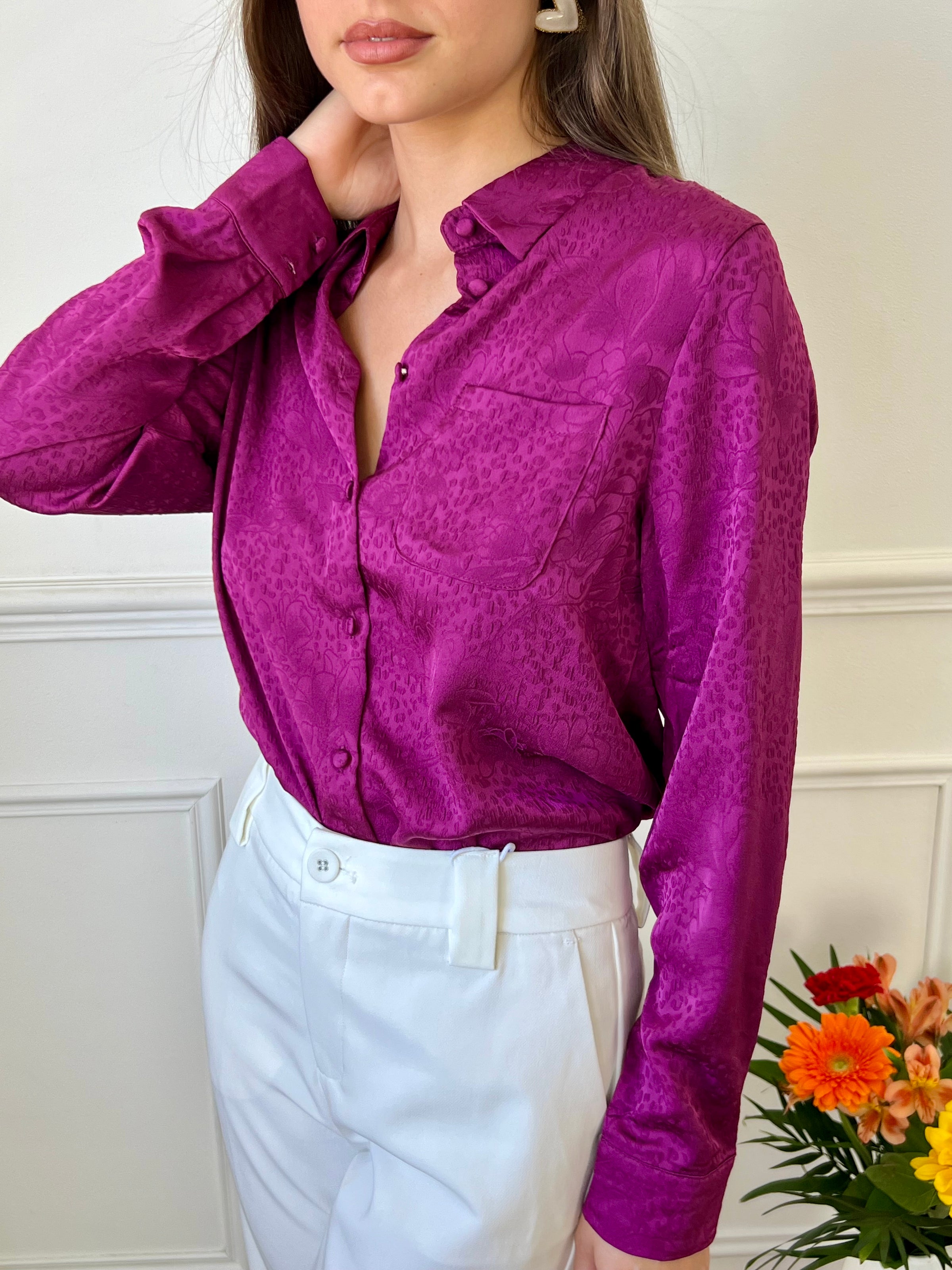 Blouse Surchemise Violet Femme Chemise Manches Courtes Nouée