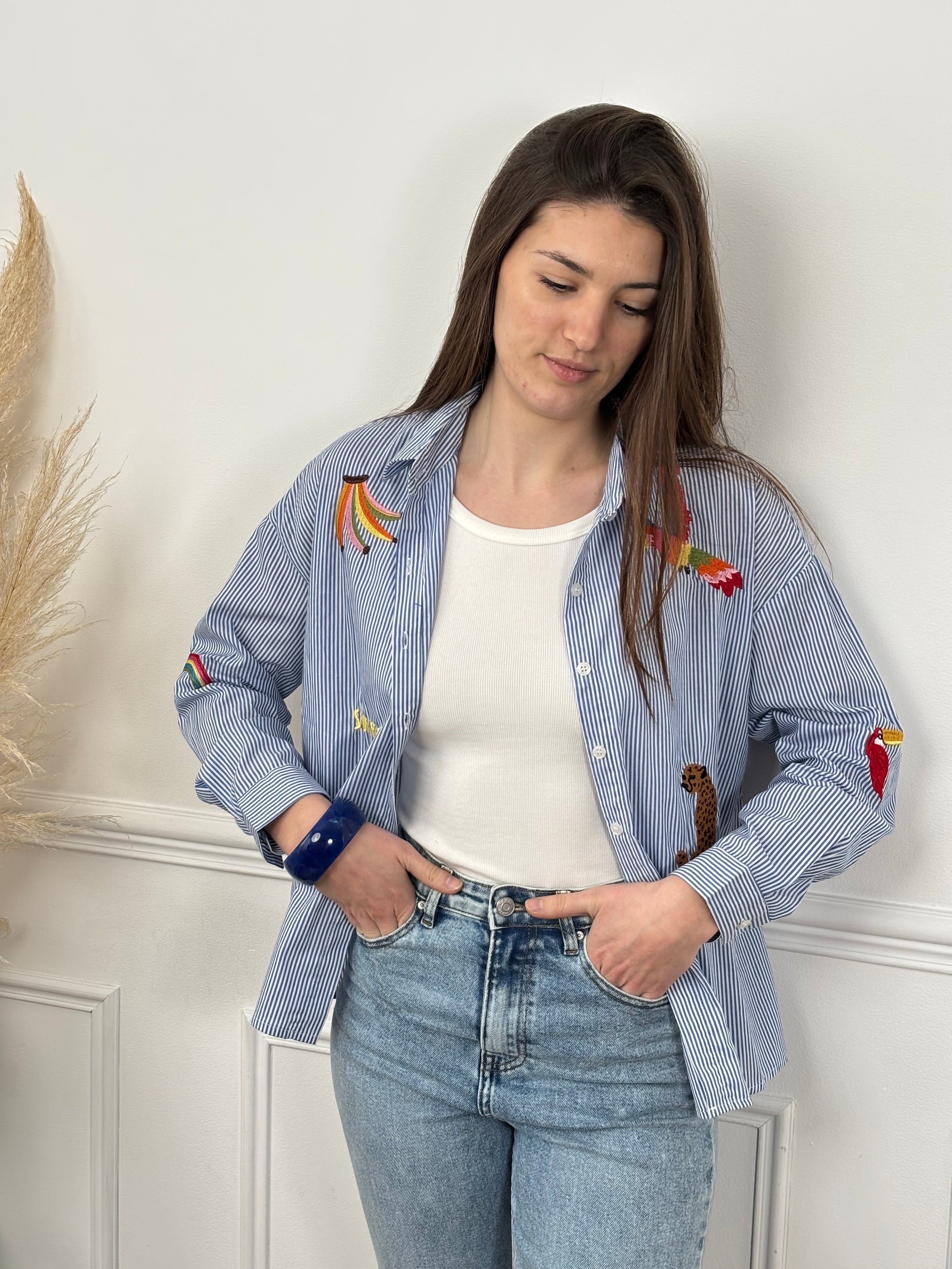 Découvrez Adia, notre chemise en coton pensée pour vous. Avec ses manches longues et son col chemise classique, elle allie élégance et confort. Les rayures verticales bleues et écrues créent une base intemporelle, sublimée par des motifs brodés colorés qui ajoutent du caractère.