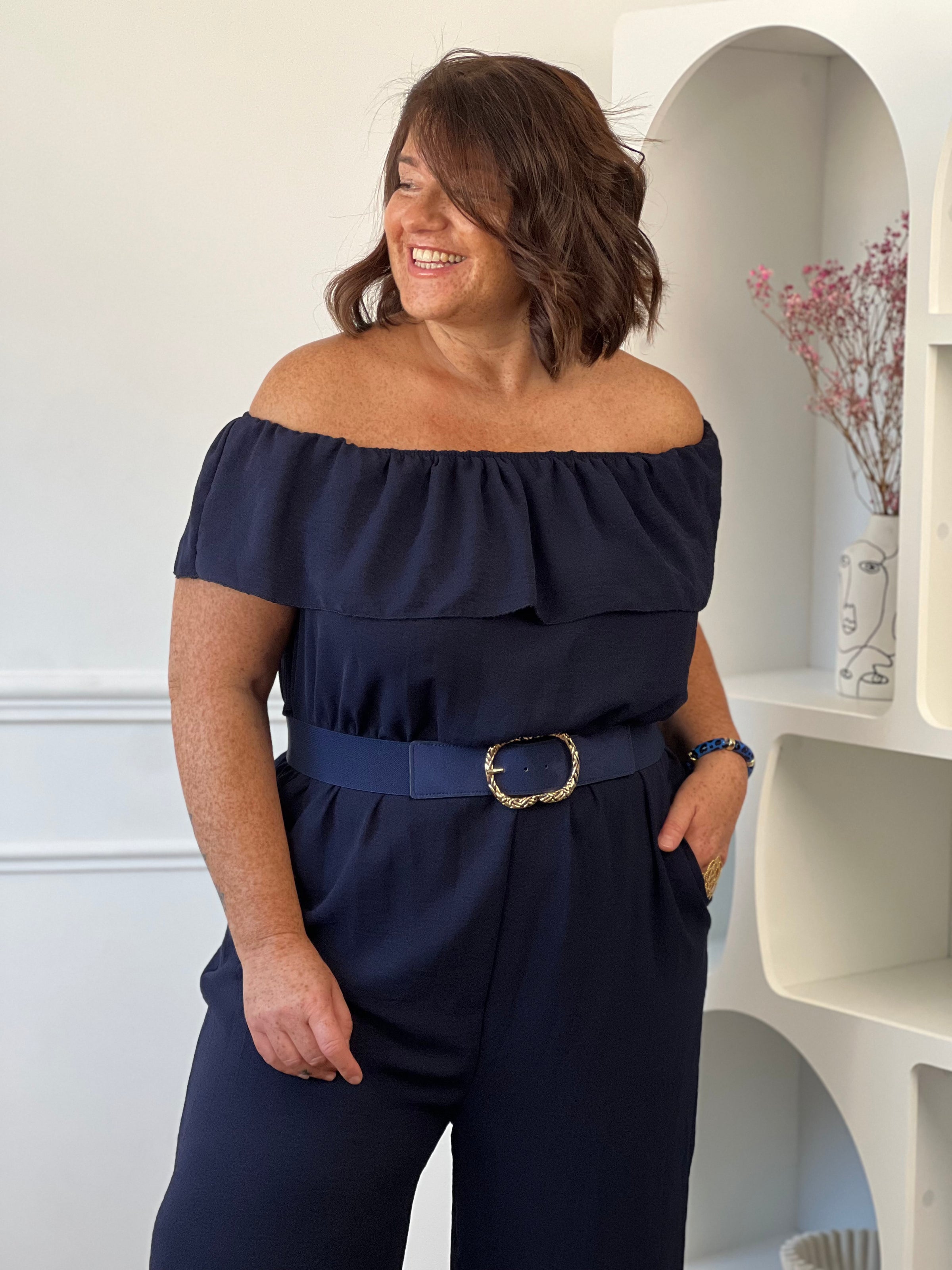 Combinaison grande taille femme bleu marine polyester élastique taille 2 poches – Loïcia
