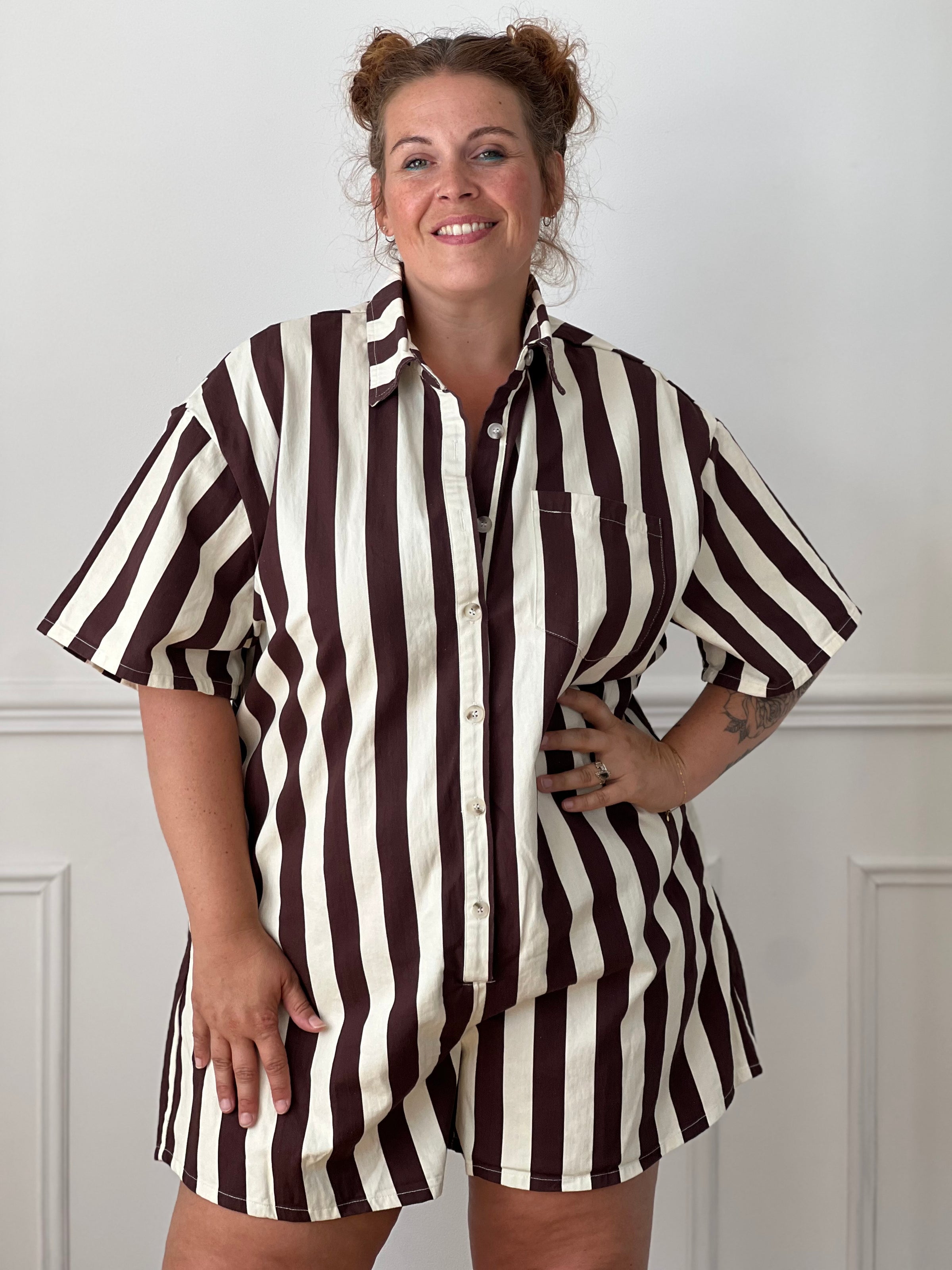 Combishort rayures verticales marron beige curve 100% coton du 40/42 au 48/50 – Loïcia
