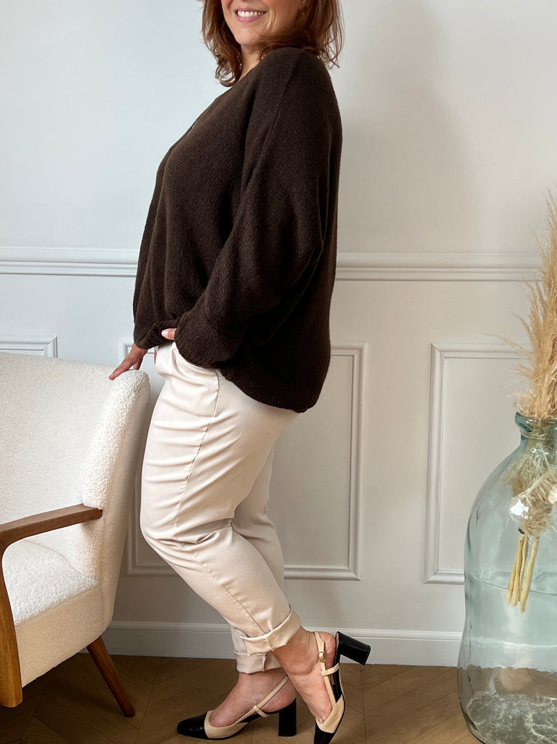 Ce pull grande taille marron Adea allie élégance et confort. Orné d’une étoile délicatement mise en valeur par des strass sur le devant, il apporte une touche lumineuse à votre tenue.