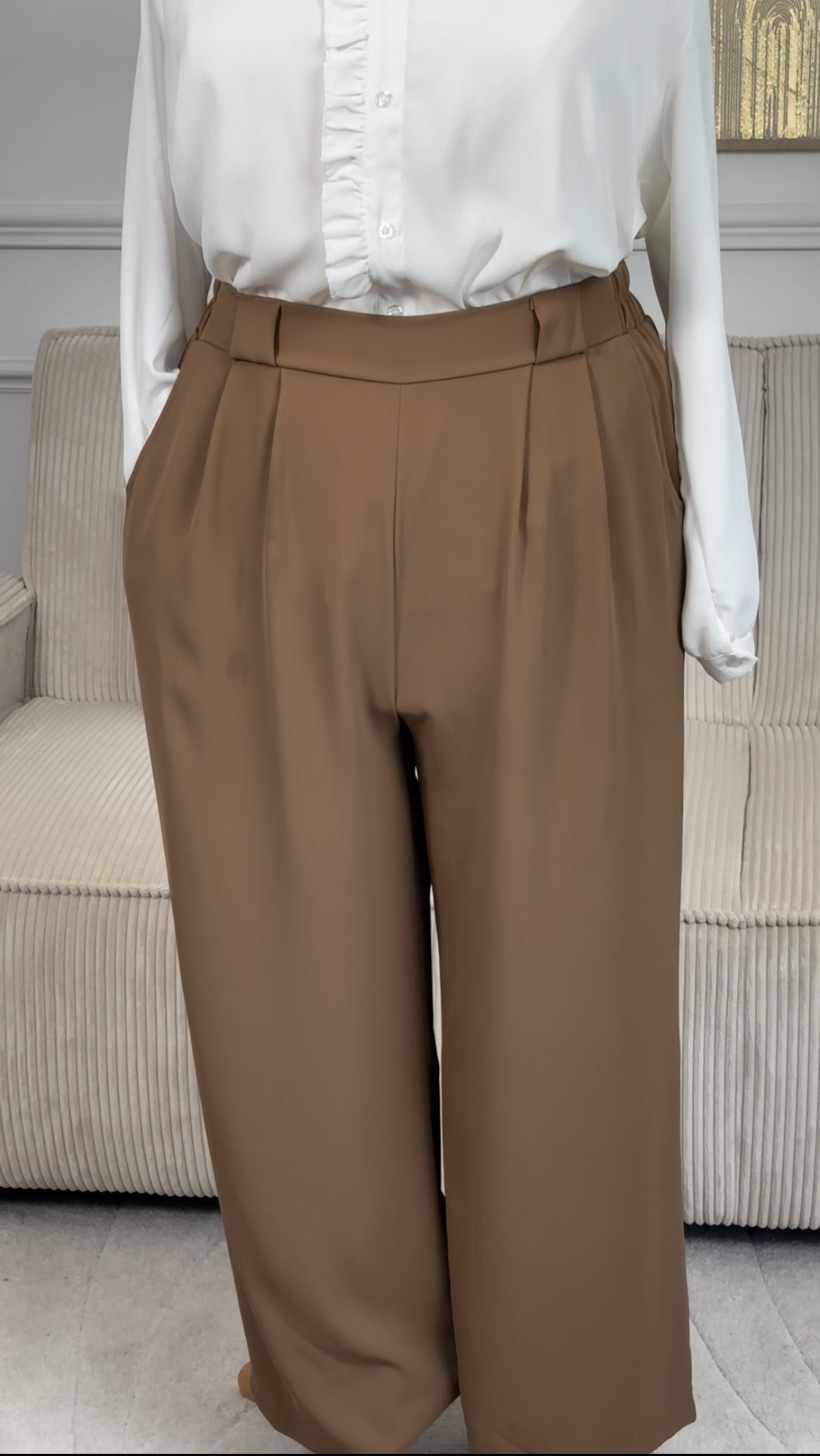 Pantalon camel coupe droite grande taille : Elie