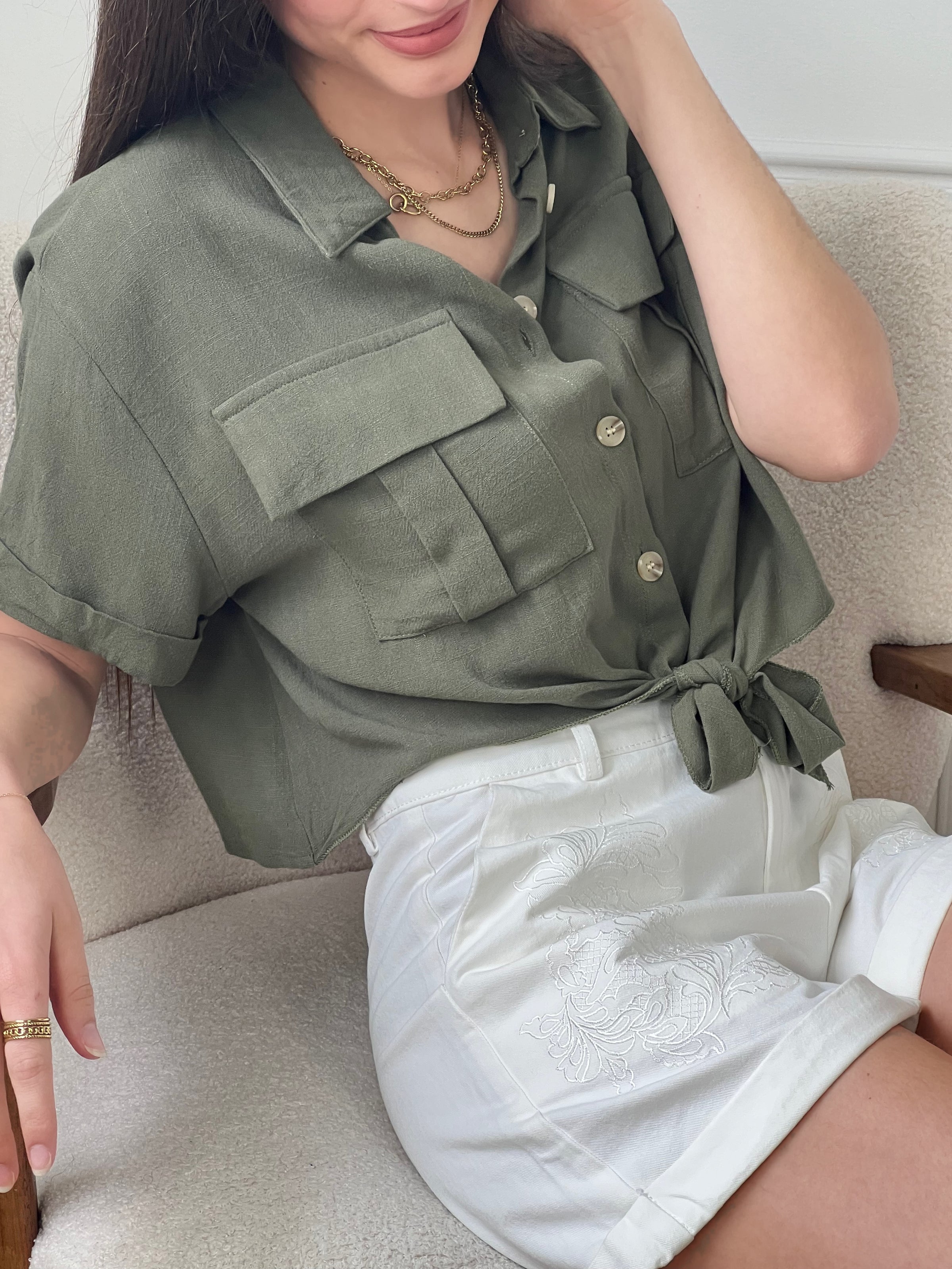 Chemise Manches Chemise En Lin Kaki Chemise Manches 3/4 Contenant