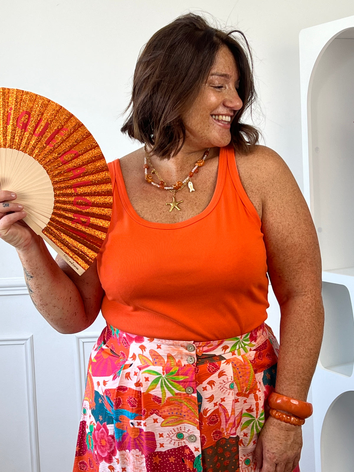Débardeur orange grande taille Dean col rond bretelles coton viscose – Loïcia
