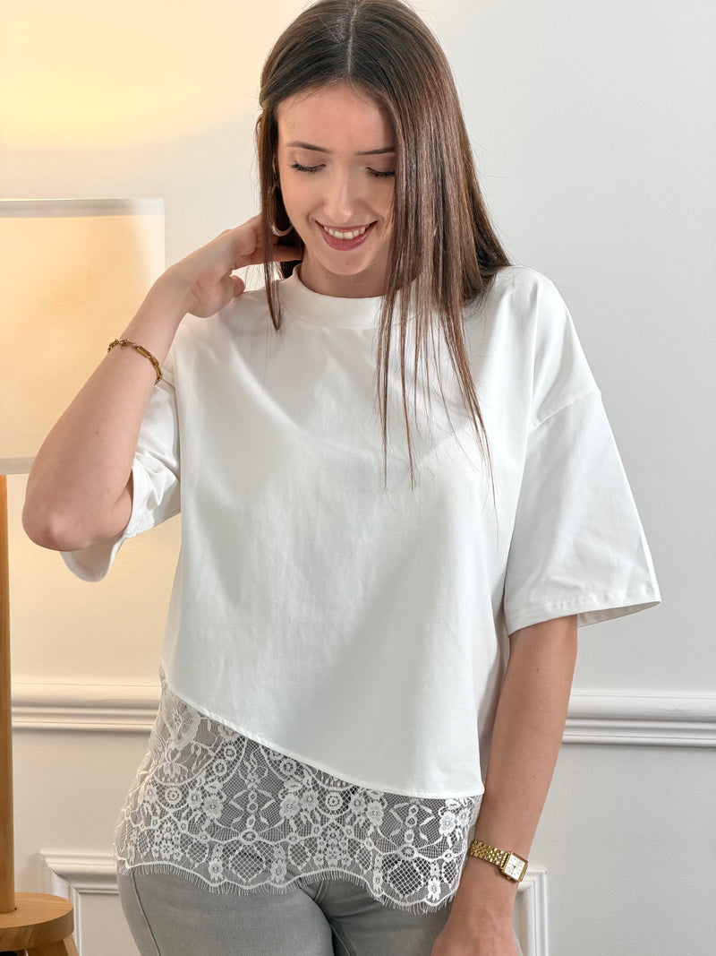 Découvrez notre tee-shirt blanc Romeo, un incontournable de la garde-robe féminine. Coupe épurée avec manches courtes et col rond, il allie confort et élégance. La dentelle délicate qui orne le bas ajoute une touche de féminité raffinée à ce basique polyvalent. Parfait pour créer des looks simples et sophistiqués au quotidien.