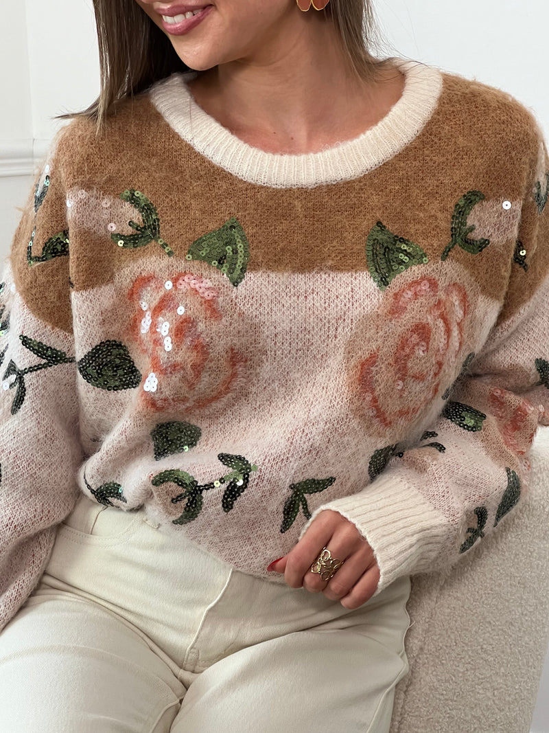 Ce magnifique pull Lino ajoutera une touche de coloré et de fun à votre garde-robe! Avec ses manches longues et son col rond, il est aussi confortable que stylé. Fabriqué en beige, camel, rose et vert, ce pull est orné de sequins vert et beige pour un look unique. Parfait pour une tenue décontractée ou habillée, laissez-vous séduire par ses motifs originaux!