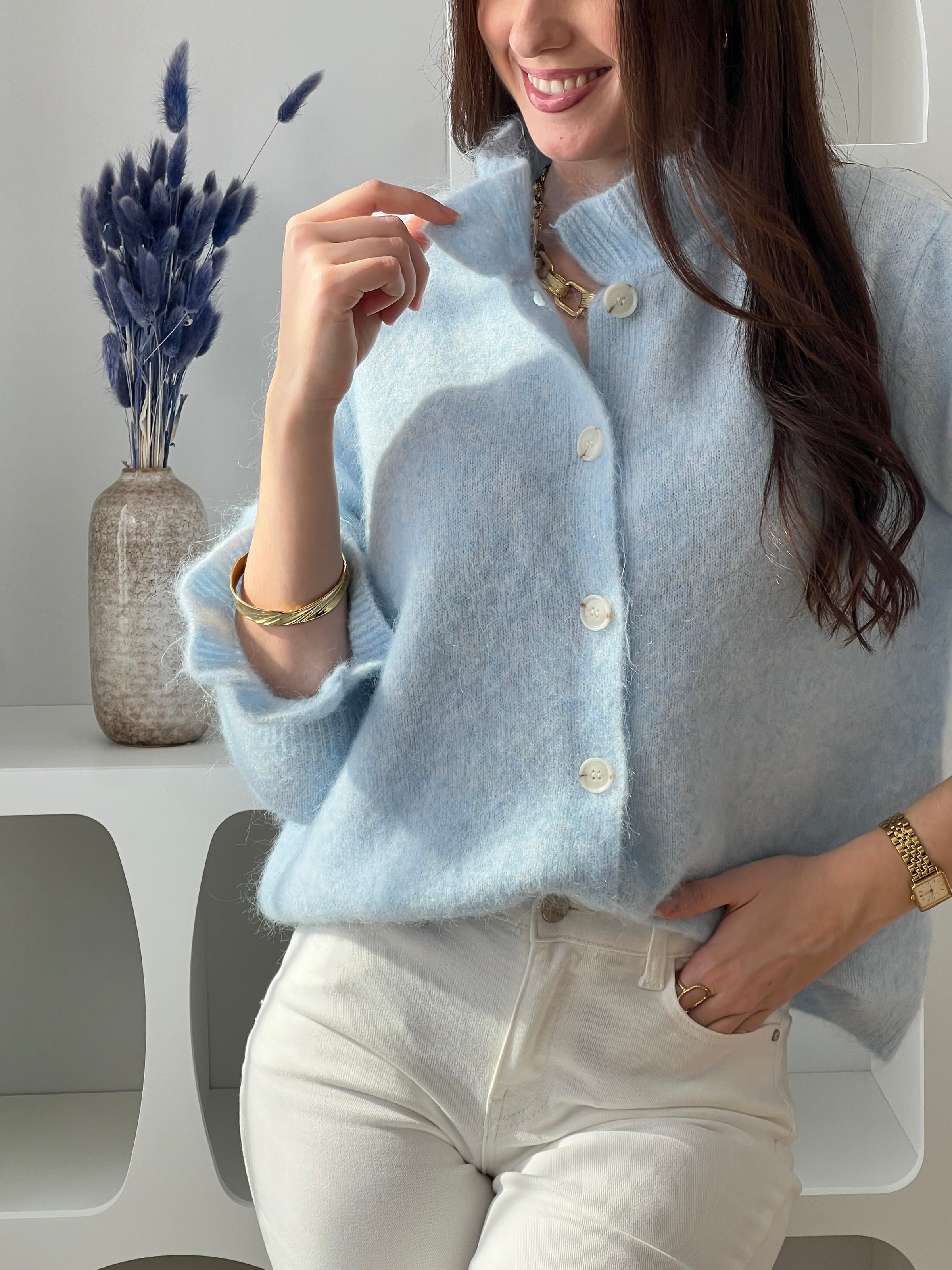 Gilet bleu en laine : Marguerite