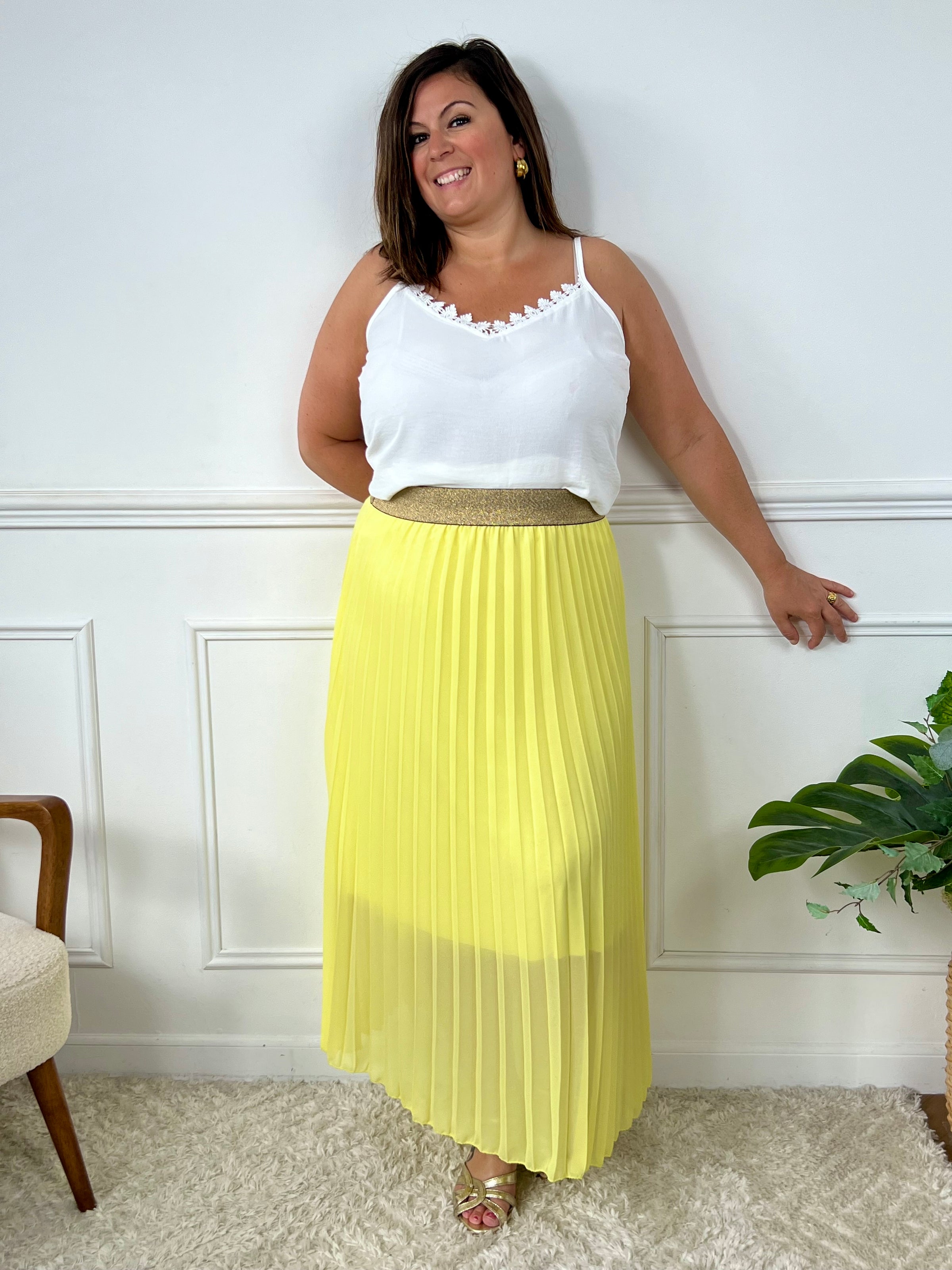 La jupe jaune plissée de grande taille incarne une élégance intemporelle. Avec sa coupe longue et plissée, elle offre une silhouette flatteuse et tendance. Cette pièce allie style et confort, créant une tenue sophistiquée et moderne pour les femmes de grande taille.